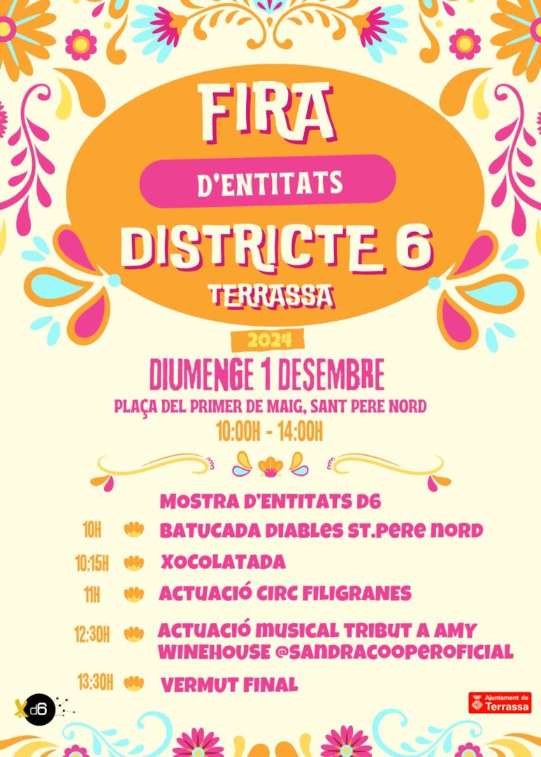 cartell Fira d'entitats Districte 6, del 1 de desembre del 2024 a la plaça del Primer de Maig, de Terrassa